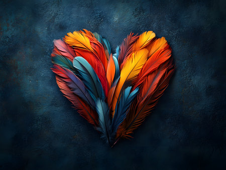 Heart made of multicolored feathers on a dark blue background.の素材