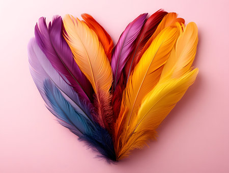 Colorful feathers in the shape of a heart on a pink backgroundの素材