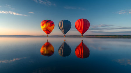 Hot air balloons at sunrise over the lake. 3D Renderingの素材