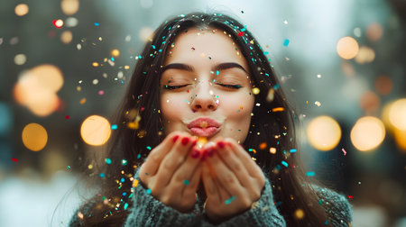 Beautiful girl blowing confetti in the park. Christmas and New Year concept.の素材