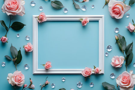 Flowers composition. Frame and rose flowers on blue background. Flat lay, top view, copy spaceの素材