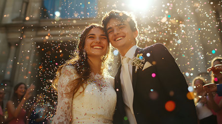 Bride and groom dancing in the street on their wedding day with confettiの素材