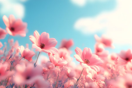 Pink cosmos flowers in the meadow with blue sky and white cloudsの素材
