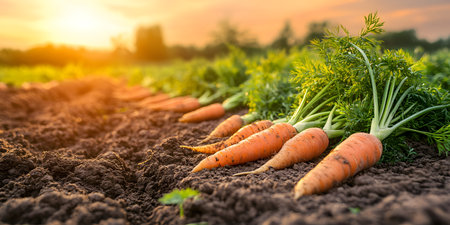 Carrots on the field. Carrots grow in the soil.の素材