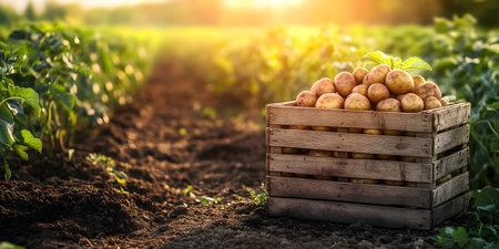 Fresh potatoes in a wooden box on the background of the field.の素材