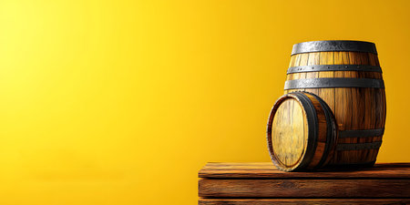 Wine barrel on wooden table and yellow background. 3d renderingの素材