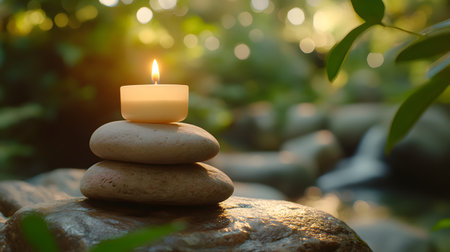 Spa stones with burning candle in the garden, relax and meditation conceptの素材