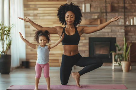 Sporty african american mother and daughter doing yoga exercises at homeの素材