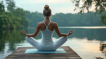Young woman practicing yoga on pier near river at sunset, back viewの素材