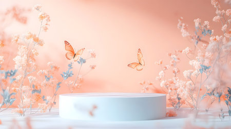 White podium with butterflies and flowers on pastel background. 3d renderの素材