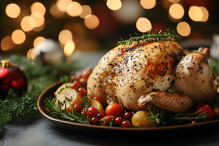 Plate with tasty roasted turkey and Christmas decor on table, closeupの素材