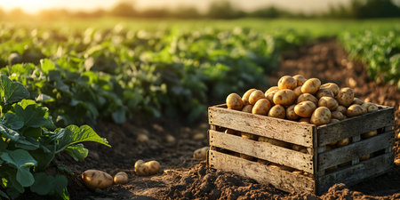 Harvesting potatoes in a wooden box on a field in the sunの素材