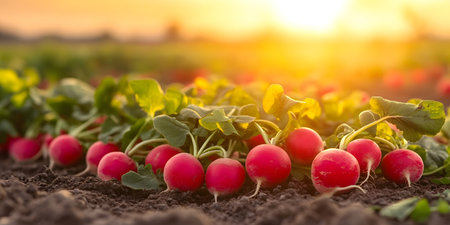 Red radish on the field in the rays of the setting sunの素材