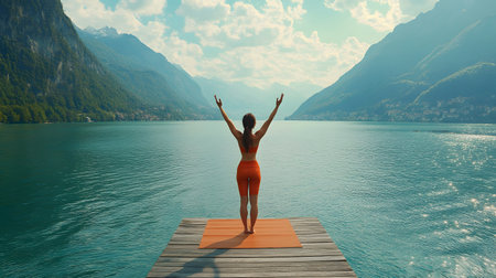 Young woman practicing yoga on a pier at the lake. 3d renderingの素材