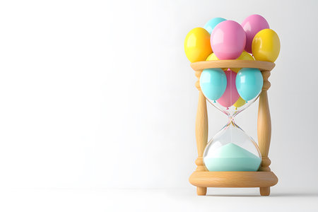 3d rendering of hourglass with colorful balloons on white background.の素材