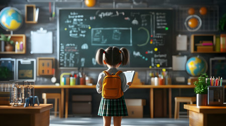 Back view of little schoolgirl holding book in classroom. Back to school conceptの素材