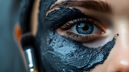 Close-up of beautiful woman with black cosmetic mask on her faceの素材