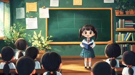 Back to school concept. Cute little schoolgirl reading book in classroom.の素材