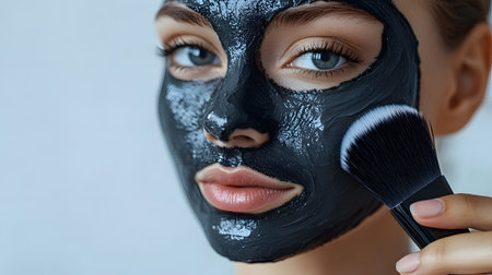 Closeup portrait of young woman applying black cosmetic mask on her face.の素材