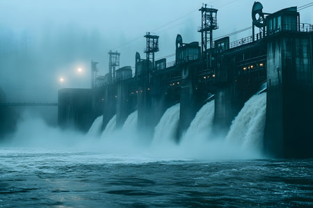 Hydroelectric power station on the river at night in the fogの素材