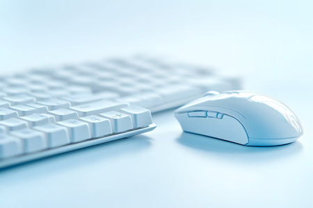 Computer mouse and keyboard on a blue background. Shallow DOFの素材