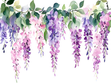 Watercolor wisteria flowers. Hand painted illustration isolated on white backgroundの素材