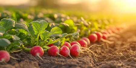Rows of radishes growing in a field in the sun.の素材