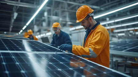 Industrial workers working together in solar power plant. They are looking at the solar panels.の素材