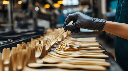 Close-up of the hands of a female confectioner in gloves holding wooden spoons.の素材