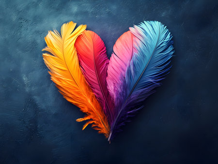 Colorful feathers in the shape of a heart on a dark backgroundの素材