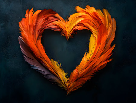 Colorful feathers in the shape of a heart on a dark backgroundの素材