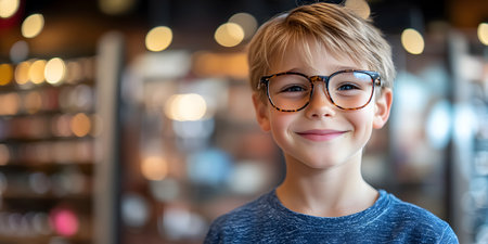 Portrait of a cute little boy with glasses in a cafe.の素材