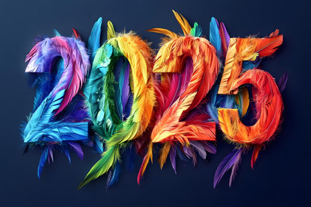 Happy New Year 2016. Colorful feathers on dark blue background.の素材
