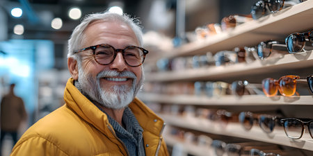 portrait of smiling senior man in eyeglasses at optics storeの素材