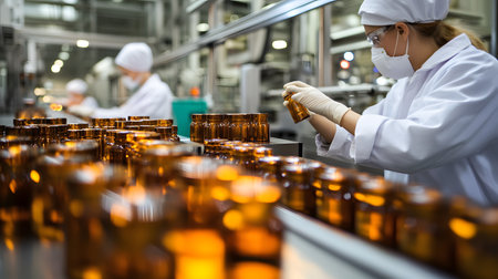Group of factory workers working in a chemical factory. Focus on the foregroundの素材