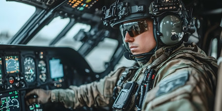 Close-up of a pilot in the cockpit of a helicopter.の素材