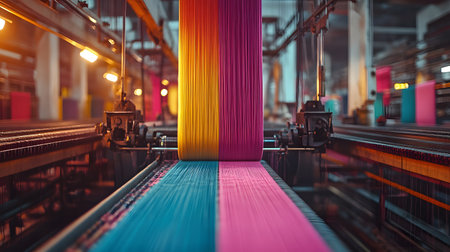 Production line of the silk thread in a textile factory. Industrial backgroundの素材