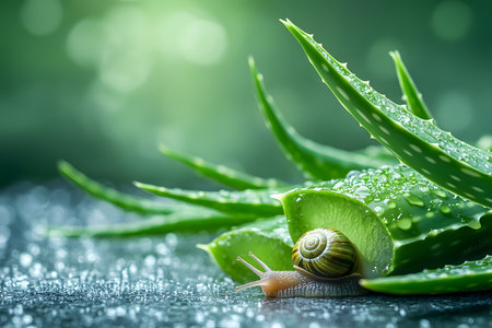 Aloe vera plant with fresh leaves and snail on wooden tableの素材