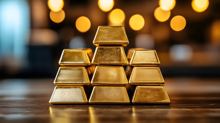 Gold bars on the table in a restaurant with bokeh backgroundの素材