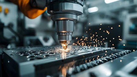 The CNC milling machine cutting the metal part with the sparking light. The hi-technology automotive parts manufacturing process.の素材