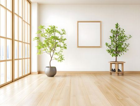 Interior of modern living room with white walls, wooden floor, white mock up poster frame and plant. 3d renderingの素材