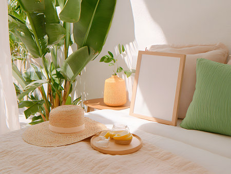 Mock up frame in bedroom interior. 3d render illustration.の素材