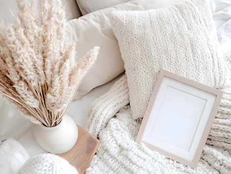 White knitted plaid, a bouquet of dried flowers in a vase and a frame on the bed.の素材