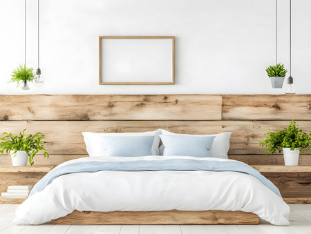 Interior of modern bedroom with white walls, wooden floor, comfortable king size bed with white linen and vertical mock up poster frame. 3d renderingの素材