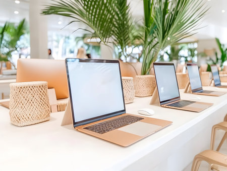 Laptop and notebook computer on table in cafe or restaurant, stock photoの素材