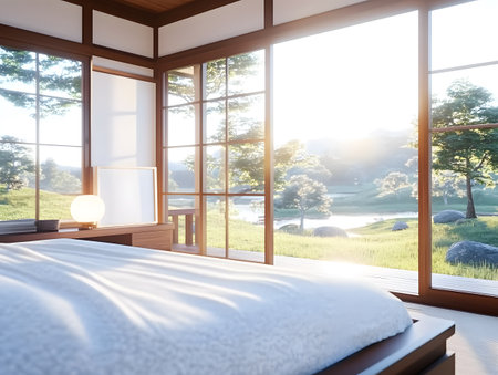 Luxury bedroom interior with white bed and window with countryside view. 3D Renderingの素材