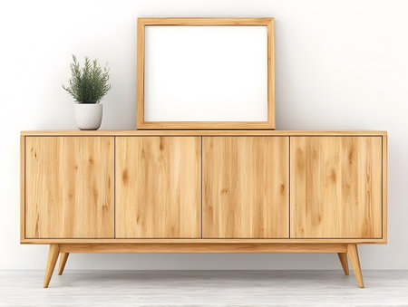 Wooden chest of drawers with picture frame on the wall. 3d renderingの素材