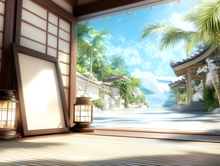 Japanese-style room with a window overlooking the sea. 3d renderingの素材