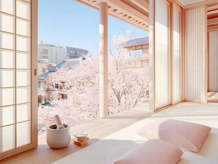 Spiral window with cherry blossoms and cup of tea. 3D renderingの素材