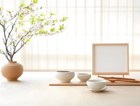 Empty frame on the wooden table with japanese tea ceremony.の素材